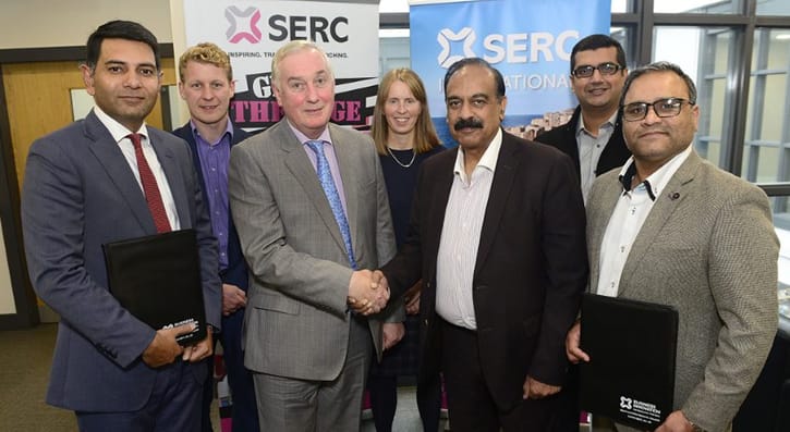 (front l-r) Mr Asif Khan, Pakistan High Commission, London, Ken Webb, Principal and Chief Executive SERC, Obaid Bin Zakria, Vice Chancellor Lahore Garrison University with (Back) l-r SERC’s Andrew Megarry, Claire Henderson and Zia Nazar from the International Development team at SERC with Muhammad Owais Rana, Education Advisor to the Vice Chancellor, Lahore Garrison University.   